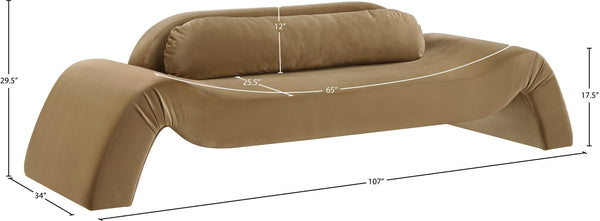 Meridian Furniture Austin Curved Velvet Sofa Seats Three with Sculptural Eucalyptus Frame for Living Rooms 44008Saddle-S