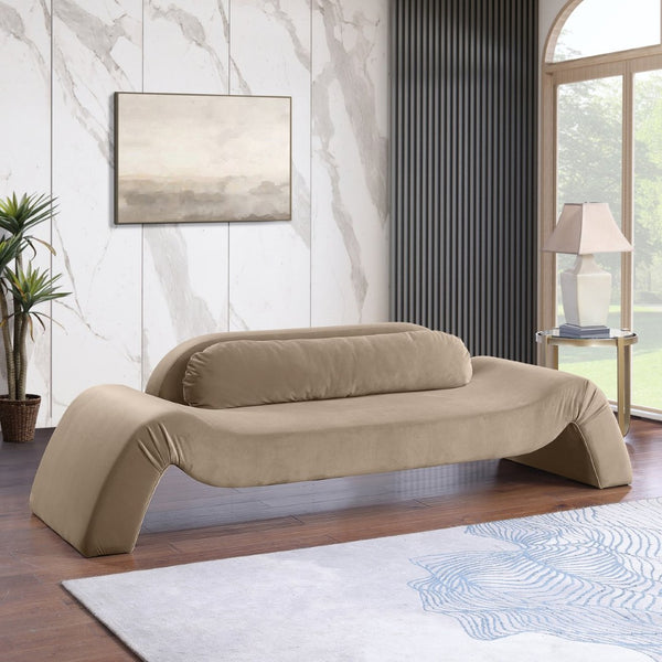 Meridian Furniture Austin Curved Velvet Living Room Sofa with Deep Plush Seating and Modern Appeal 44008Taupe-S