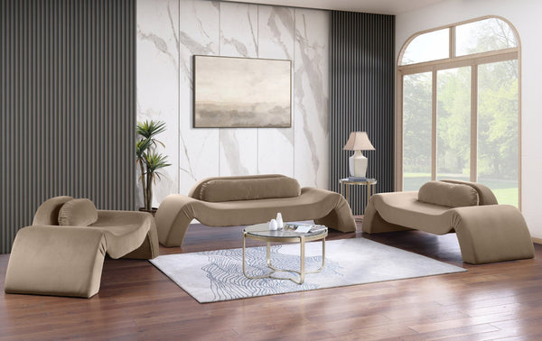 Meridian Furniture Austin Curved Velvet Living Room Sofa with Deep Plush Seating and Modern Appeal 44008Taupe-S