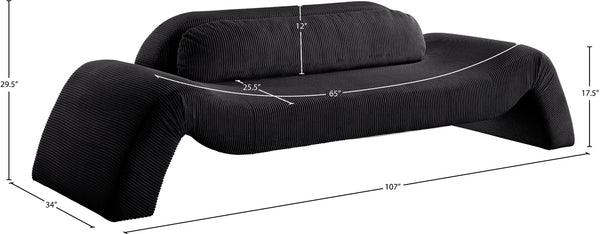 Meridian Furniture Austin Curved Corduroy Sofa Plush Ribbed Fabric Three Seat Living Room Centerpiece 44009Black-S