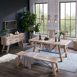 JLA Home INK+IVY - Dining Sonoma-Style Pine Bench with Weathered Finish & Gunmetal Stretchers — Seats 3, Rustic Farmhouse Charm II105-0313