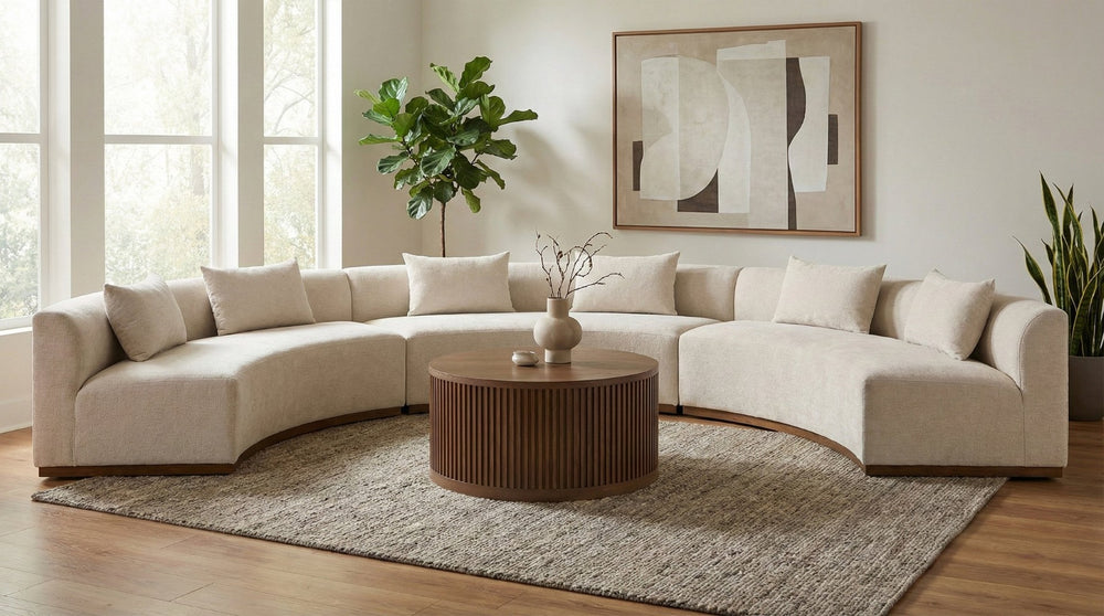 Meridian Furniture Avanti Curved Chenille Modular Sectional Sofa with Walnut Base for Modern Living Rooms Beige 3pc 44016Beige-S-3PC