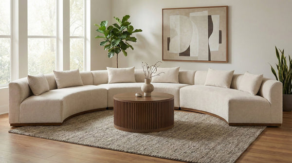 Meridian Furniture Avanti Curved Chenille Modular Sectional Sofa with Walnut Base for Modern Living Rooms Beige 3pc 44016Beige-S-3PC
