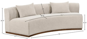 Meridian Furniture Avanti Curved Chenille Sofa with Walnut Base Sculptural Three Seat Contemporary Living Room Beige 44016Beige-S