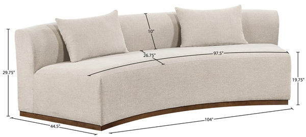 Meridian Furniture Avanti Curved Chenille Sofa with Walnut Base Sculptural Three Seat Contemporary Living Room Beige 44016Beige-S