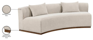 Meridian Furniture Avanti Curved Chenille Sofa with Walnut Base Sculptural Three Seat Contemporary Living Room Beige 44016Beige-S