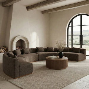 Meridian Furniture Avanti Curved Chenille Modular Sectional Sofa with Walnut Base for Modern Living Rooms Brown 4pc 44016Brown-S-4PC