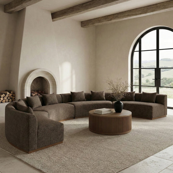 Meridian Furniture Avanti Curved Chenille Modular Sectional Sofa with Walnut Base for Modern Living Rooms Brown 4pc 44016Brown-S-4PC