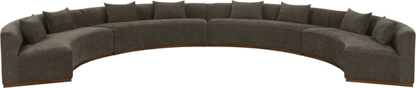 Meridian Furniture Avanti Curved Chenille Modular Sectional Sofa with Walnut Base for Modern Living Rooms Brown 4pc 44016Brown-S-4PC