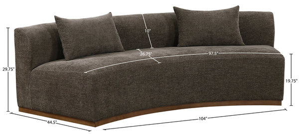Meridian Furniture Avanti Curved Chenille Sofa with Walnut Base Sculptural Three Seat Contemporary Living Room Brown 44016Brown-S