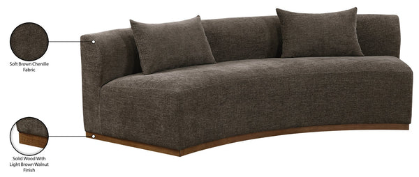 Meridian Furniture Avanti Curved Chenille Sofa with Walnut Base Sculptural Three Seat Contemporary Living Room Brown 44016Brown-S