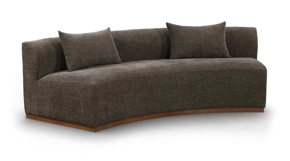 Meridian Furniture Avanti Curved Chenille Sofa with Walnut Base Sculptural Three Seat Contemporary Living Room Brown 44016Brown-S