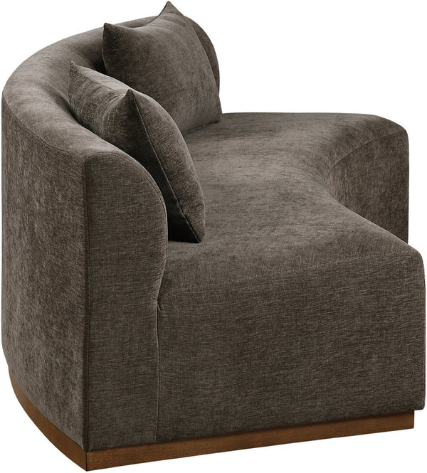 Meridian Furniture Avanti Curved Chenille Sofa with Walnut Base Sculptural Three Seat Contemporary Living Room Brown 44016Brown-S