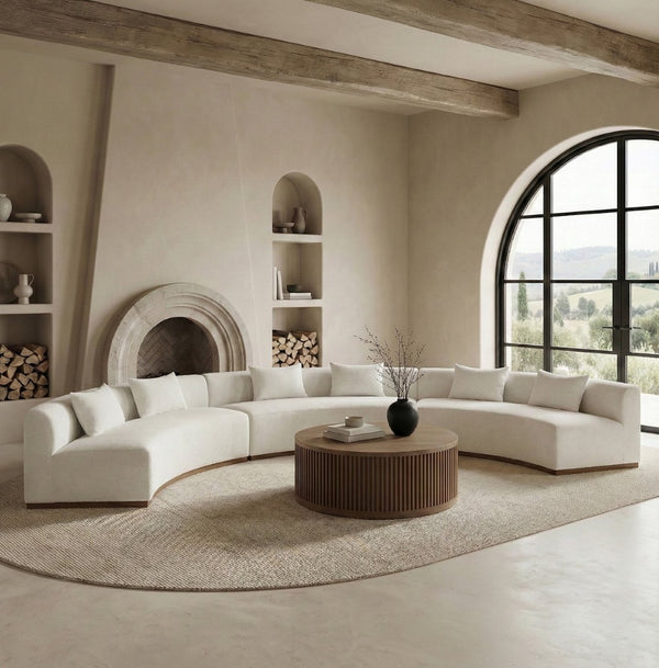 Meridian Furniture Avanti Curved Chenille Modular Sectional Sofa with Walnut Base for Modern Living Rooms Cream 3pc 44016Cream-S-3PC