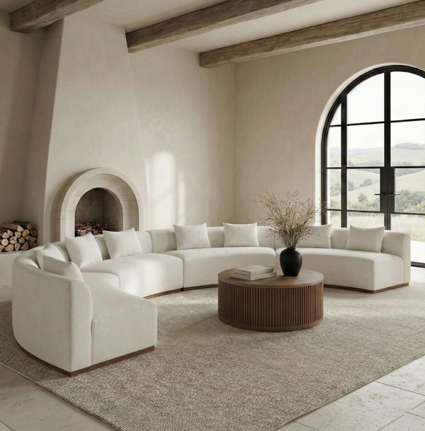 Meridian Furniture Avanti Curved Chenille Modular Sectional Sofa with Walnut Base for Modern Living Rooms Cream 4pc 44016Cream-S-4PC