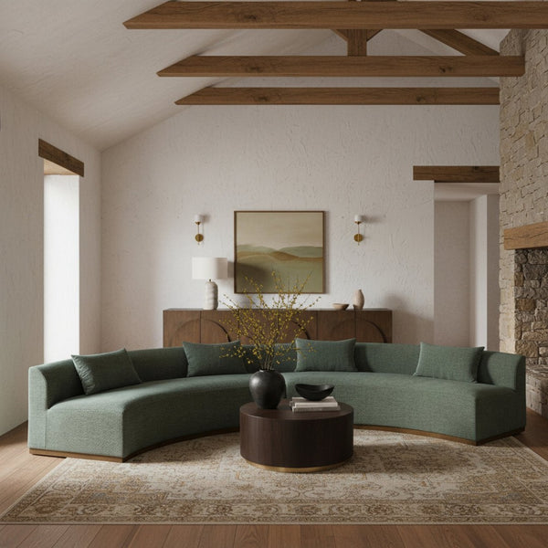 Meridian Furniture Avanti Curved Chenille Modular Sectional Sofa with Walnut Base for Modern Living Rooms Olive 2pc 44016Olive-S-2PC