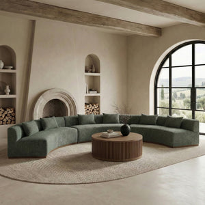 Meridian Furniture Avanti Curved Chenille Modular Sectional Sofa with Walnut Base for Modern Living Rooms Olive 3pc 44016Olive-S-3PC