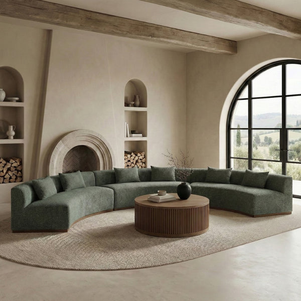 Meridian Furniture Avanti Curved Chenille Modular Sectional Sofa with Walnut Base for Modern Living Rooms Olive 3pc 44016Olive-S-3PC