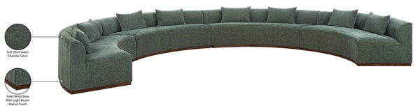 Meridian Furniture Avanti Curved Chenille Modular Sectional Sofa with Walnut Base for Modern Living Rooms Olive 4pc 44016Olive-S-4PC
