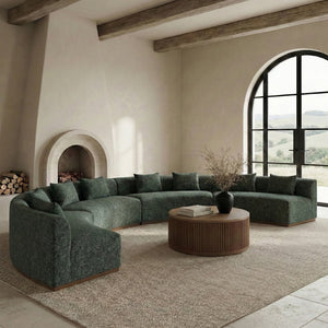 Meridian Furniture Avanti Curved Chenille Modular Sectional Sofa with Walnut Base for Modern Living Rooms Olive 4pc 44016Olive-S-4PC