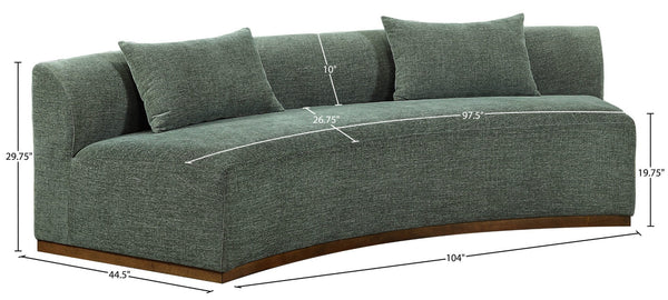 Meridian Furniture Avanti Curved Chenille Sofa with Walnut Base Sculptural Three Seat Contemporary Living Room Olive 44016Olive-S