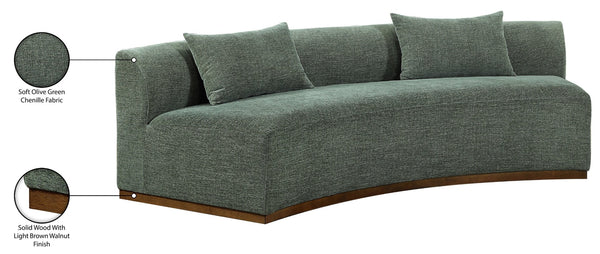 Meridian Furniture Avanti Curved Chenille Sofa with Walnut Base Sculptural Three Seat Contemporary Living Room Olive 44016Olive-S