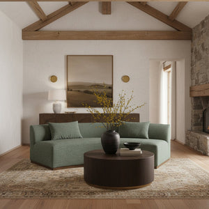 Meridian Furniture Avanti Curved Chenille Sofa with Walnut Base Sculptural Three Seat Contemporary Living Room Olive 44016Olive-S