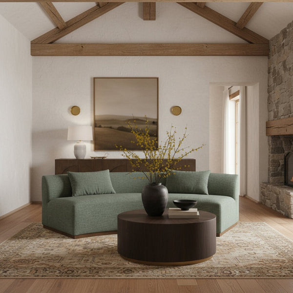 Meridian Furniture Avanti Curved Chenille Sofa with Walnut Base Sculptural Three Seat Contemporary Living Room Olive 44016Olive-S