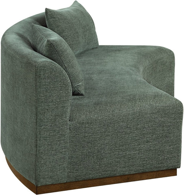 Meridian Furniture Avanti Curved Chenille Sofa with Walnut Base Sculptural Three Seat Contemporary Living Room Olive 44016Olive-S