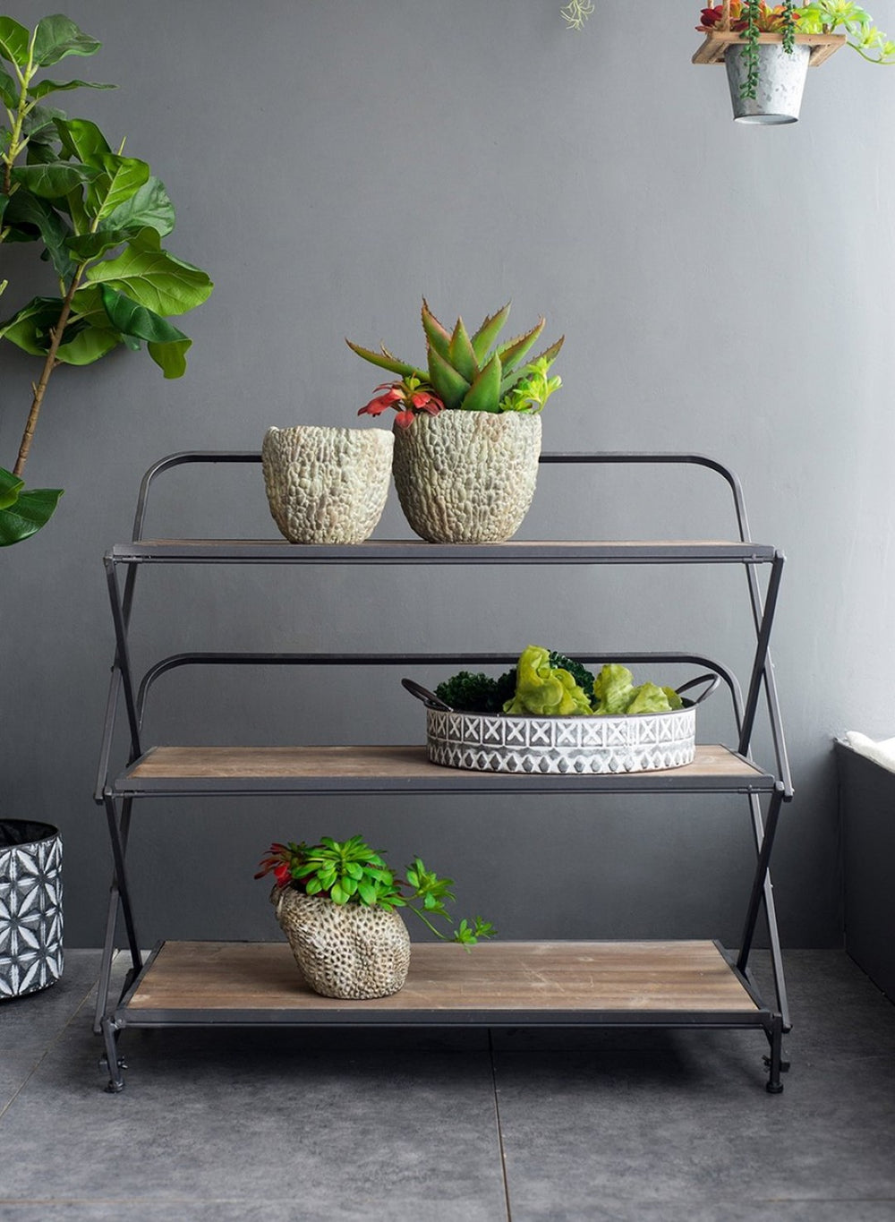 English Elm 34.3x16.9x32.7" Three Tier Fir Wood Iron Shelf Industrial Storage and Planter Stand W2078P499748