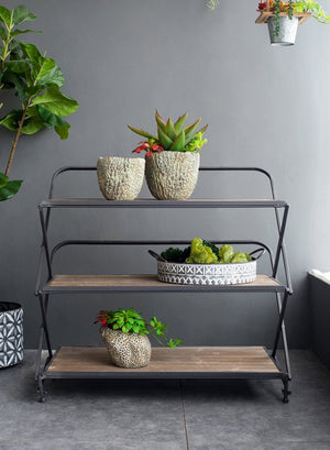English Elm 34.3x16.9x32.7" Three Tier Fir Wood Iron Shelf Industrial Storage and Planter Stand W2078P499748