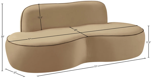 Meridian Furniture Swerve Curved Velvet Sofa with Contrast Piping Sculptural Upholstered Living Room Seating Beige 77 inches 44021Beige-L