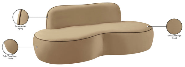 Meridian Furniture Swerve Curved Velvet Sofa with Contrast Piping Sculptural Upholstered Living Room Seating Beige 77 inches 44021Beige-L