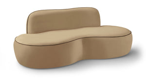 Meridian Furniture Swerve Curved Velvet Sofa with Contrast Piping Sculptural Upholstered Living Room Seating Beige 77 inches 44021Beige-L