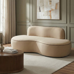 Meridian Furniture Swerve Curved Velvet Sofa with Contrast Piping Sculptural Upholstered Living Room Seating Beige 77 inches 44021Beige-L