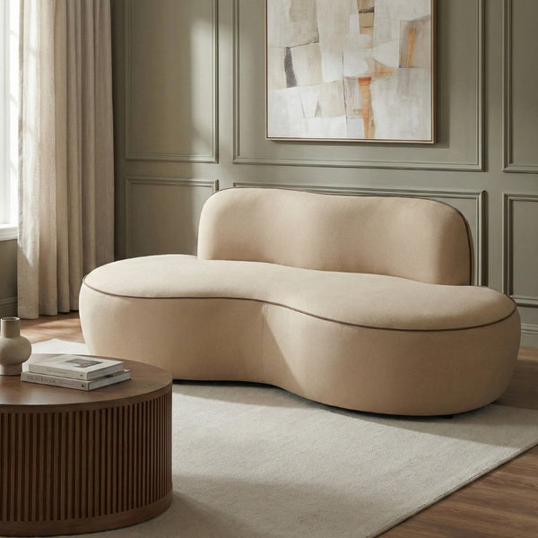 Meridian Furniture Swerve Curved Velvet Sofa with Contrast Piping Sculptural Upholstered Living Room Seating Beige 77 inches 44021Beige-L