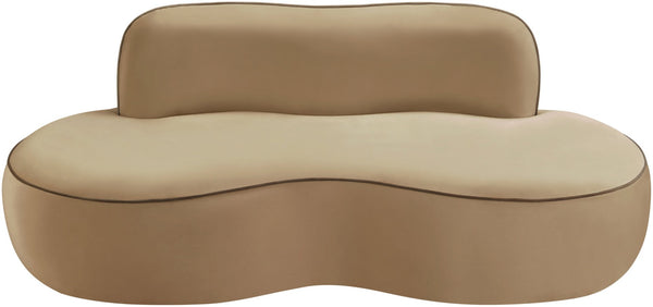 Meridian Furniture Swerve Curved Velvet Sofa with Contrast Piping Sculptural Upholstered Living Room Seating Beige 77 inches 44021Beige-L