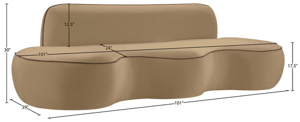 Meridian Furniture Swerve Curved Velvet Sofa with Contrast Piping Sculptural Upholstered Living Room Seating Beige 100 inches 44021Beige-S