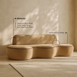 Meridian Furniture Swerve Curved Velvet Sofa with Contrast Piping Sculptural Upholstered Living Room Seating Beige 100 inches 44021Beige-S