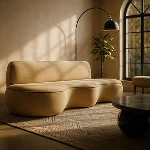 Meridian Furniture Swerve Curved Velvet Sofa with Contrast Piping Sculptural Upholstered Living Room Seating Beige 100 inches 44021Beige-S