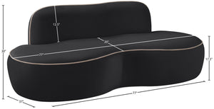 Meridian Furniture Swerve Curved Velvet Sofa with Contrast Piping Sculptural Upholstered Living Room Seating Black 77 inches 44021Black-L