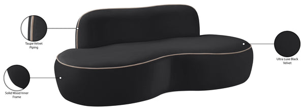 Meridian Furniture Swerve Curved Velvet Sofa with Contrast Piping Sculptural Upholstered Living Room Seating Black 77 inches 44021Black-L