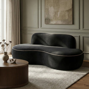 Meridian Furniture Swerve Curved Velvet Sofa with Contrast Piping Sculptural Upholstered Living Room Seating Black 77 inches 44021Black-L