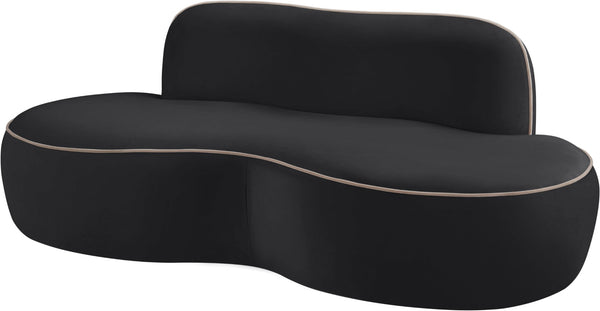 Meridian Furniture Swerve Curved Velvet Sofa with Contrast Piping Sculptural Upholstered Living Room Seating Black 77 inches 44021Black-L
