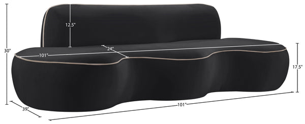 Meridian Furniture Swerve Curved Velvet Sofa with Contrast Piping Sculptural Upholstered Living Room Seating Black 100 inches 44021Black-S