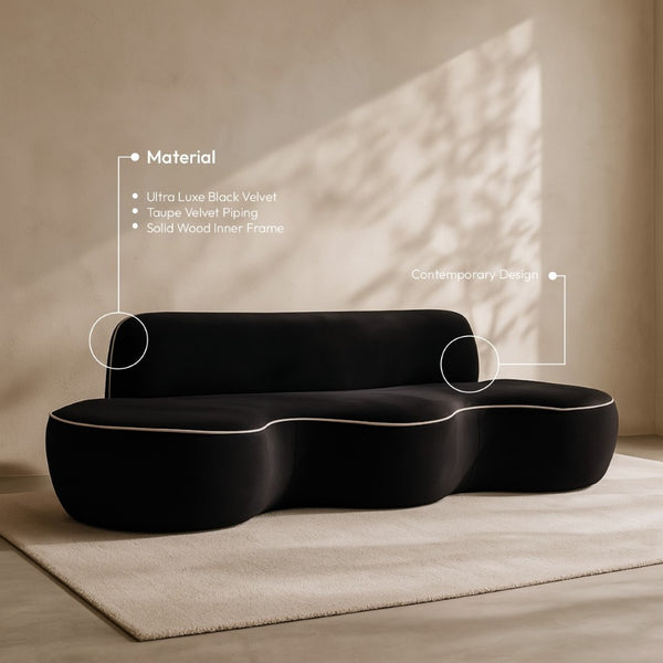 Meridian Furniture Swerve Curved Velvet Sofa with Contrast Piping Sculptural Upholstered Living Room Seating Black 100 inches 44021Black-S