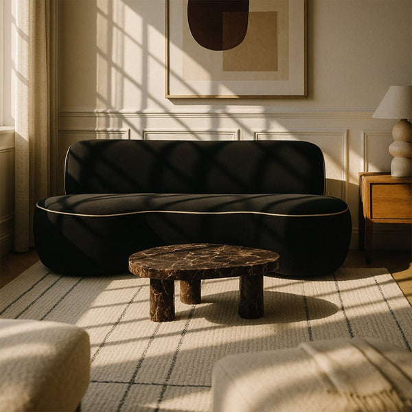 Meridian Furniture Swerve Curved Velvet Sofa with Contrast Piping Sculptural Upholstered Living Room Seating Black 100 inches 44021Black-S