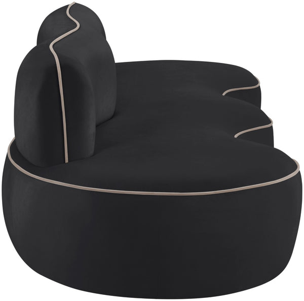 Meridian Furniture Swerve Curved Velvet Sofa with Contrast Piping Sculptural Upholstered Living Room Seating Black 100 inches 44021Black-S