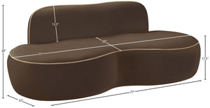 Meridian Furniture Swerve Curved Velvet Sofa with Contrast Piping Sculptural Upholstered Living Room Seating Brown 77 inches 44021Brown-L