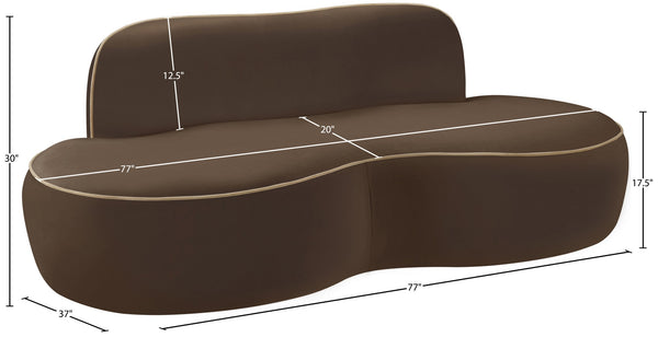 Meridian Furniture Swerve Curved Velvet Sofa with Contrast Piping Sculptural Upholstered Living Room Seating Brown 77 inches 44021Brown-L